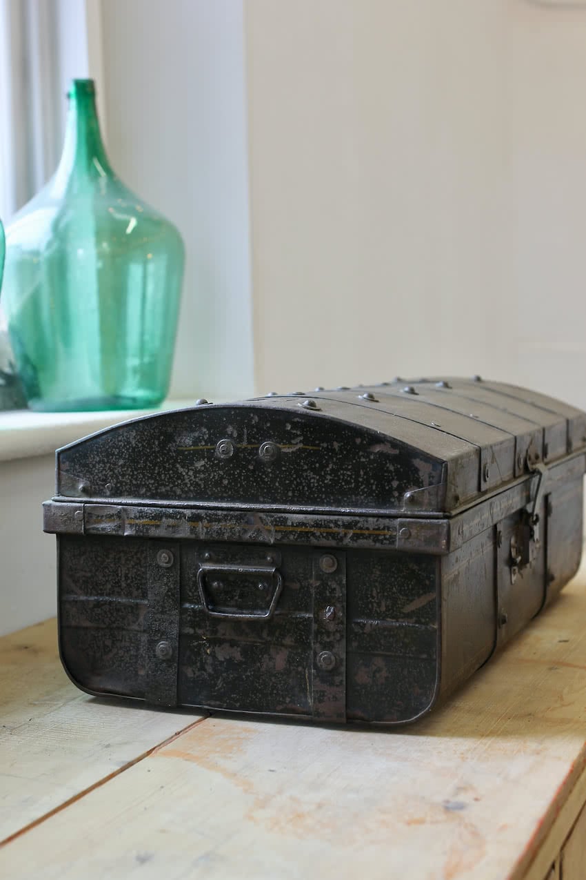 nice old metal trunk with painted red interior, lovely old fastenings & loads of character - great storage.