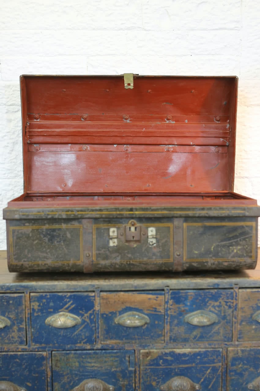 nice old metal trunk with painted red interior, lovely old fastenings & loads of character - great storage.
