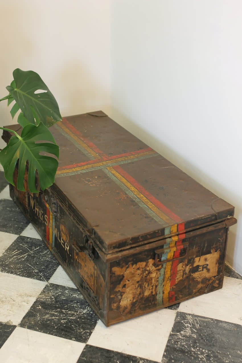 lovely old copper trunk with makers name inside & various labels on the front, handles, painted stripes added at a later date.