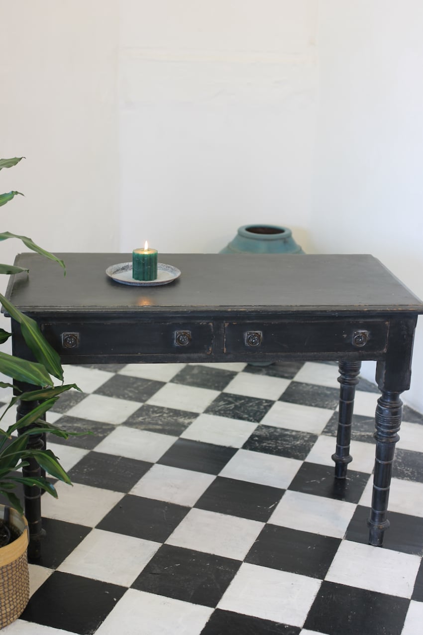 english two drawer ebonised pine lamp side table with original handles and pretty turned legs, interior drawers painted inside.