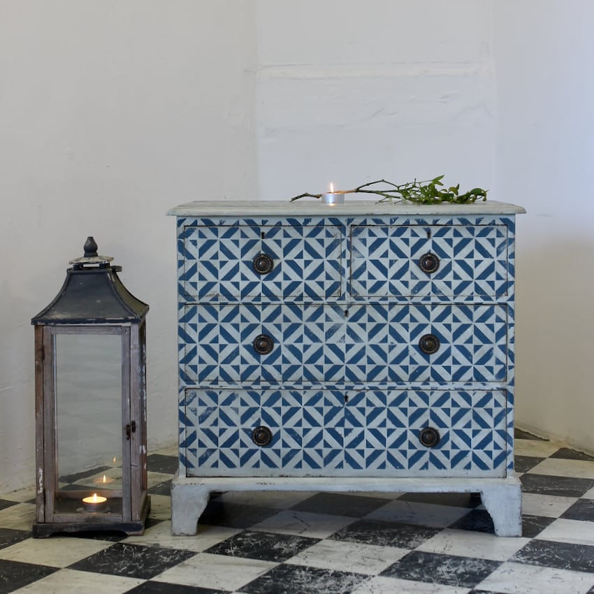 pretty pink and white geometric one drawer pine table