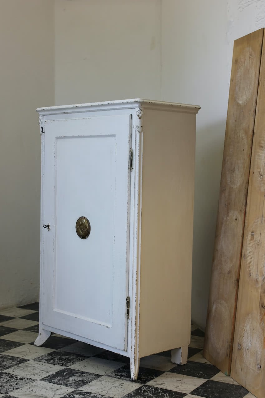 very pretty european pine cupboard with shelves and drawers, painted blue interior, brass air vent, pretty detailing & cute feet.