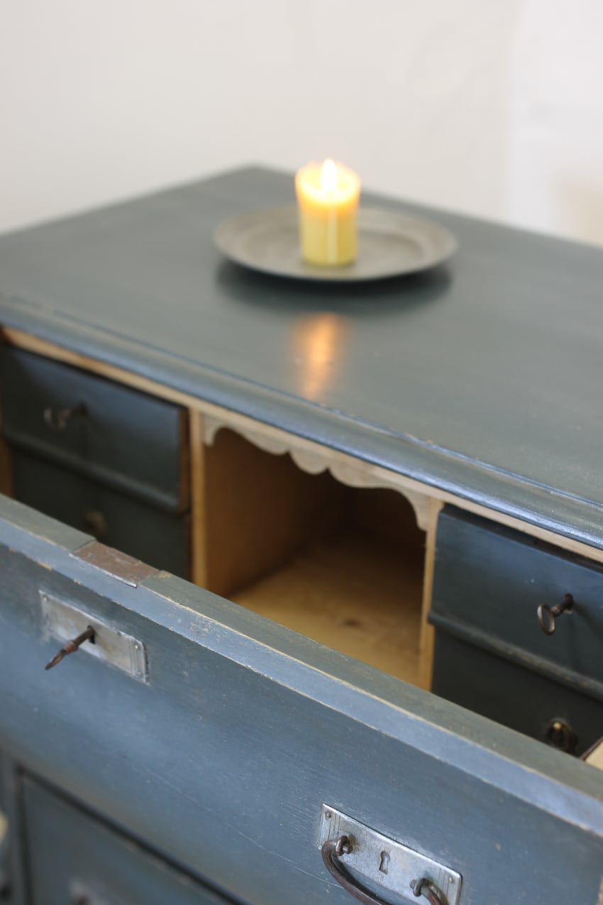 gorgeous antique restored prettily shaped secrétaire chest finished in swedish blue, silver handles, four small drawers with keys inside.