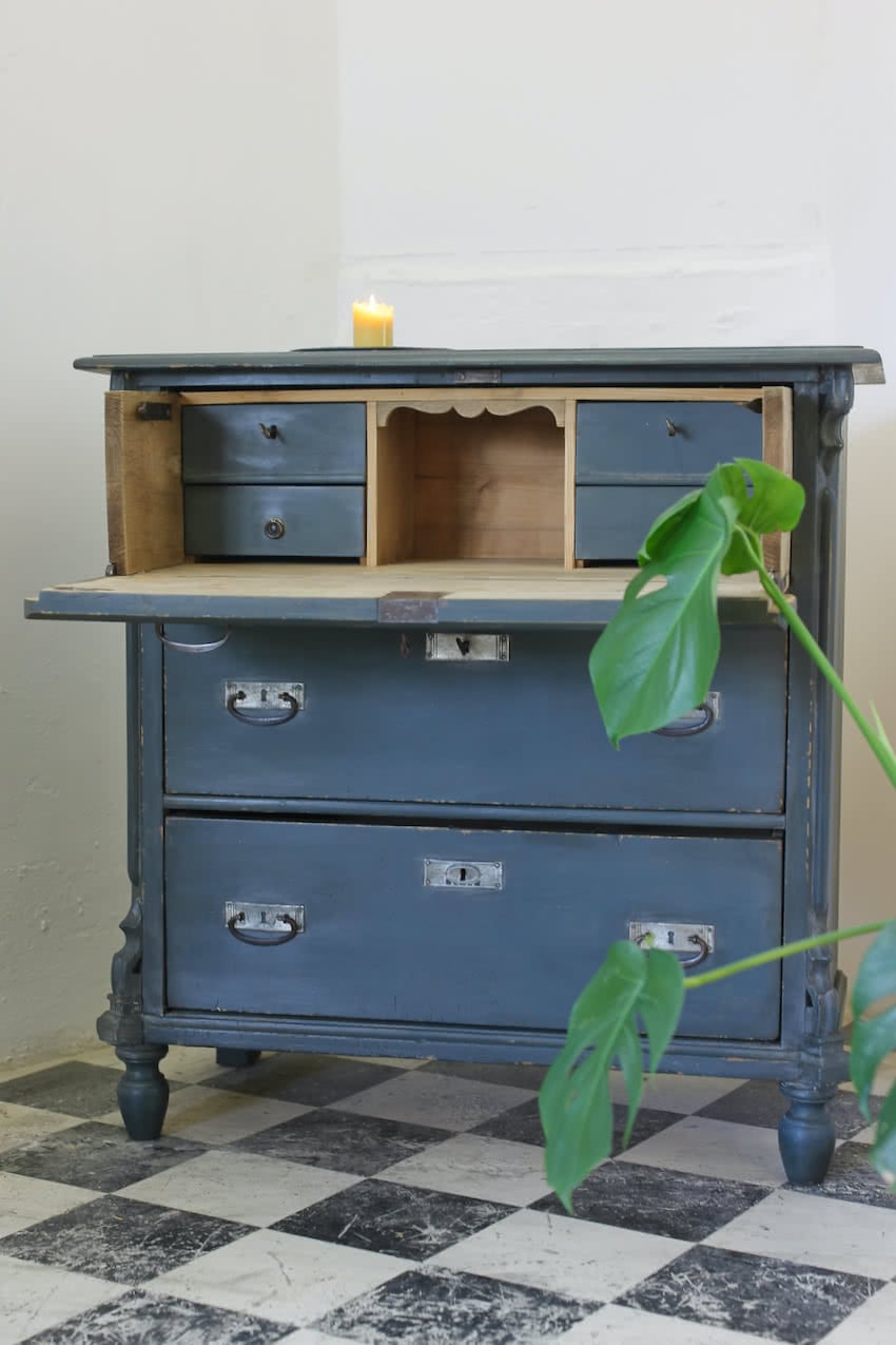 gorgeous antique restored prettily shaped secrétaire chest finished in swedish blue, silver handles, four small drawers with keys inside.