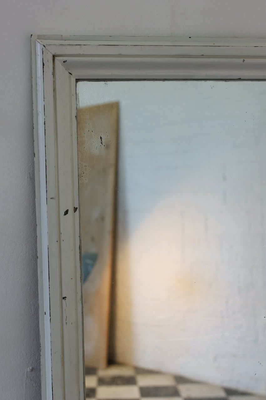 large white mirror with heavy original plate glass & old naturally distressed paint with little scuffs and marks which adds a lot of character