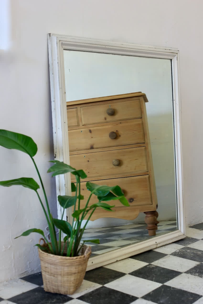 large white mirror with heavy original plate glass & old naturally distressed paint with little scuffs and marks which adds a lot of character