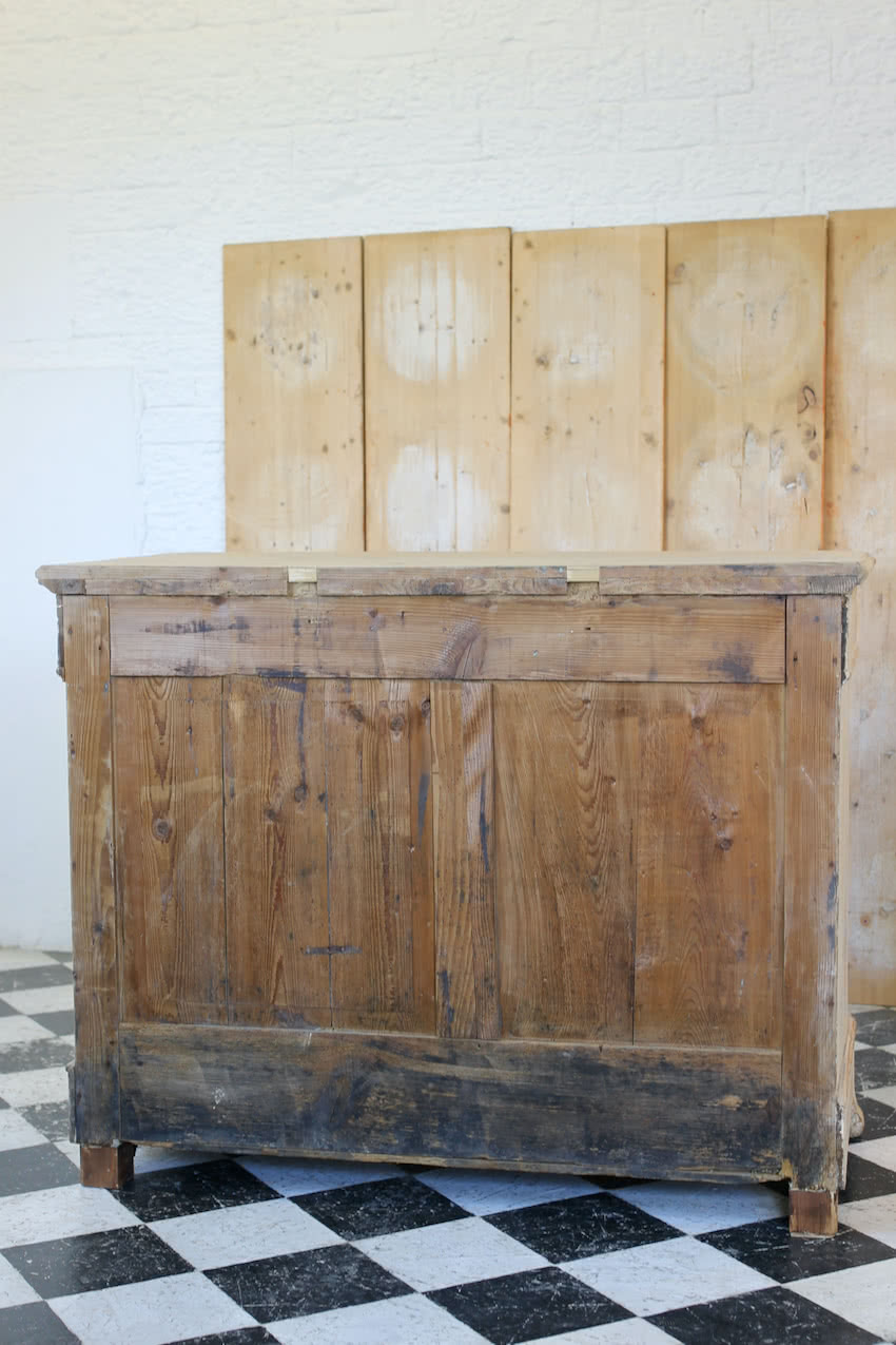 early french restored pine cupboard base with two drawers and shelf inside all original, dating back to 1879 shown on bottom drawer in photos.