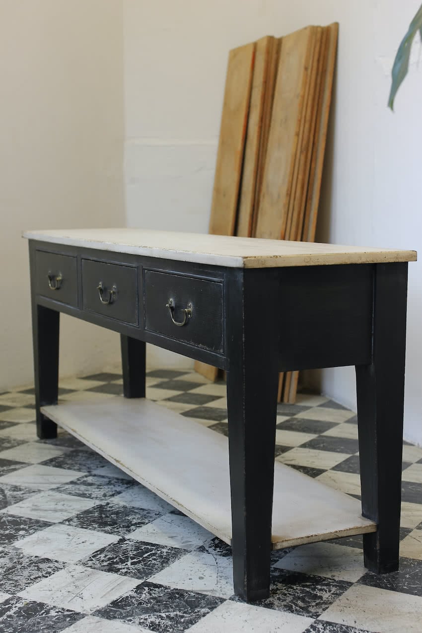 black & ivory three drawer pot board console, painted interior, georgian style brass handles, the console can be made to any length & depth.