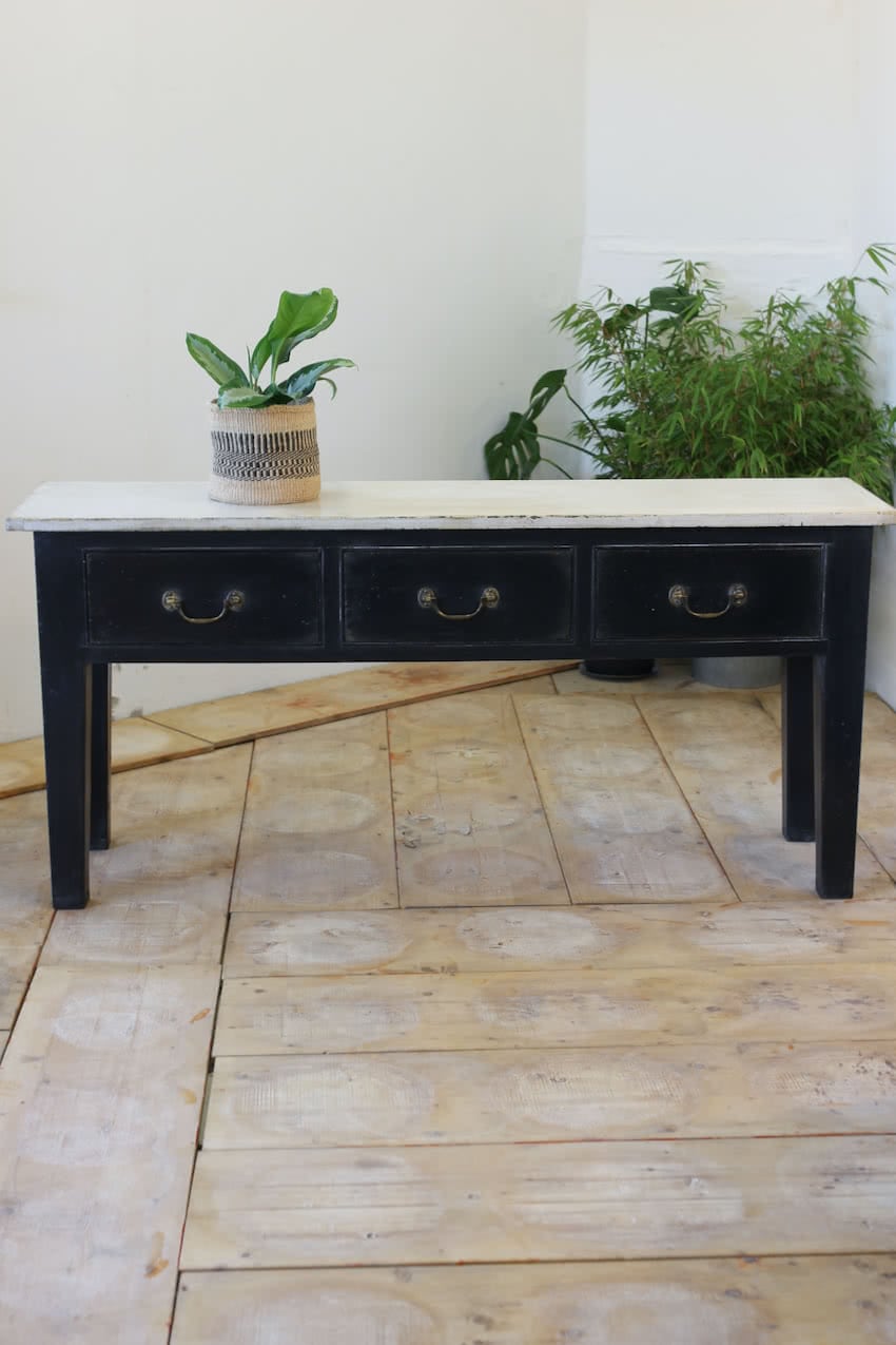 black & ivory three drawer console table/server, painted interior & georgian style brass handles which can be made to any length up to eight foot.