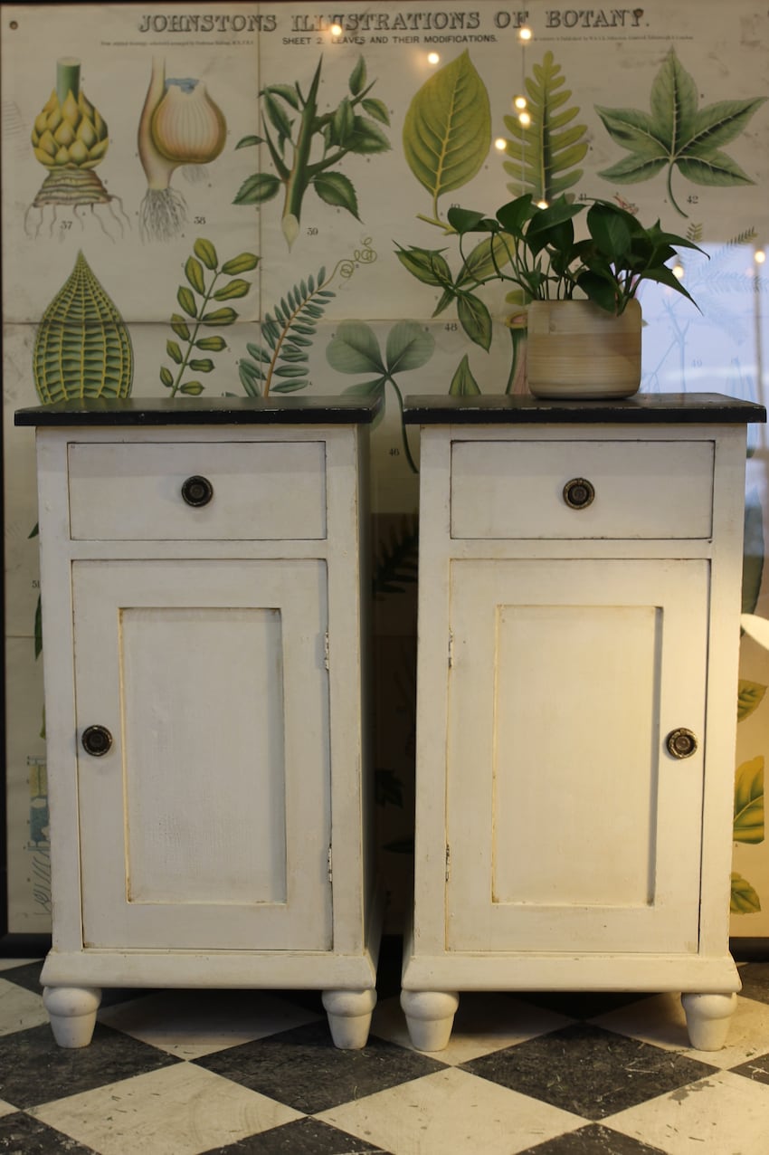 pretty pair of swedish style painted pine bedside cupboards with brass handles, drawer and small shelf inside with painted mustard seed interior