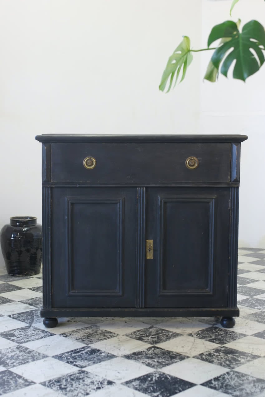 lovely looking antique restored painted black pine two door cupboard with large drawer, pretty brass fittings, original pine shelf & part painted blue interior.
