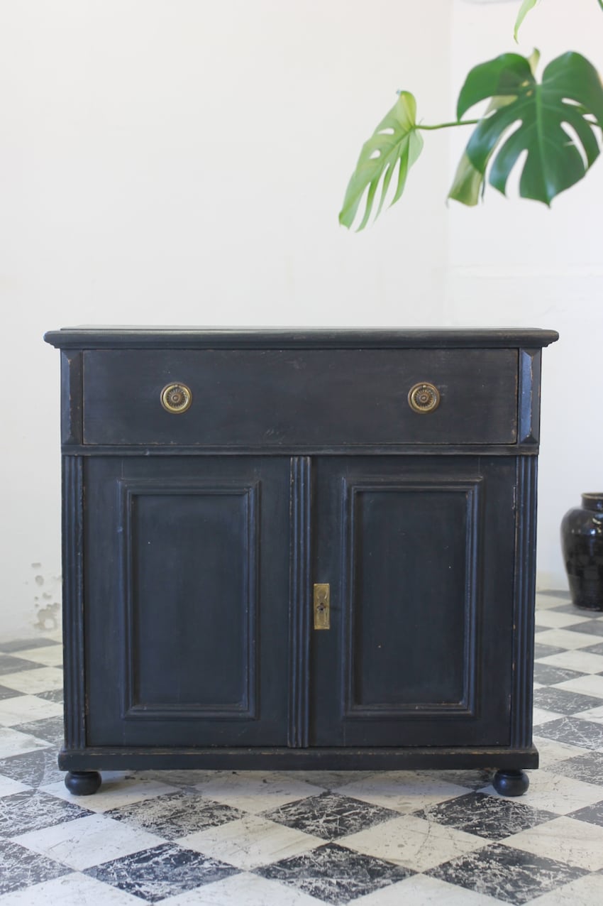 lovely looking antique restored painted black pine two door cupboard with large drawer, pretty brass fittings, original pine shelf & part painted blue interior. lovely looking antique restored painted black pine two door cupboard with large drawer, pretty brass fittings, original pine shelf & part painted blue interior. 