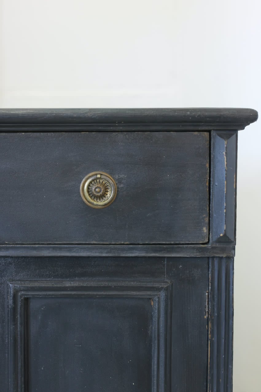 lovely looking antique restored painted black pine two door cupboard with large drawer, pretty brass fittings, original pine shelf & part painted blue interior.