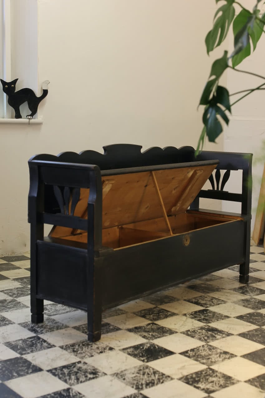 beautiful hungarian pine bench with large storage area underneath the seat, scrolled arms and lovely large key plate.