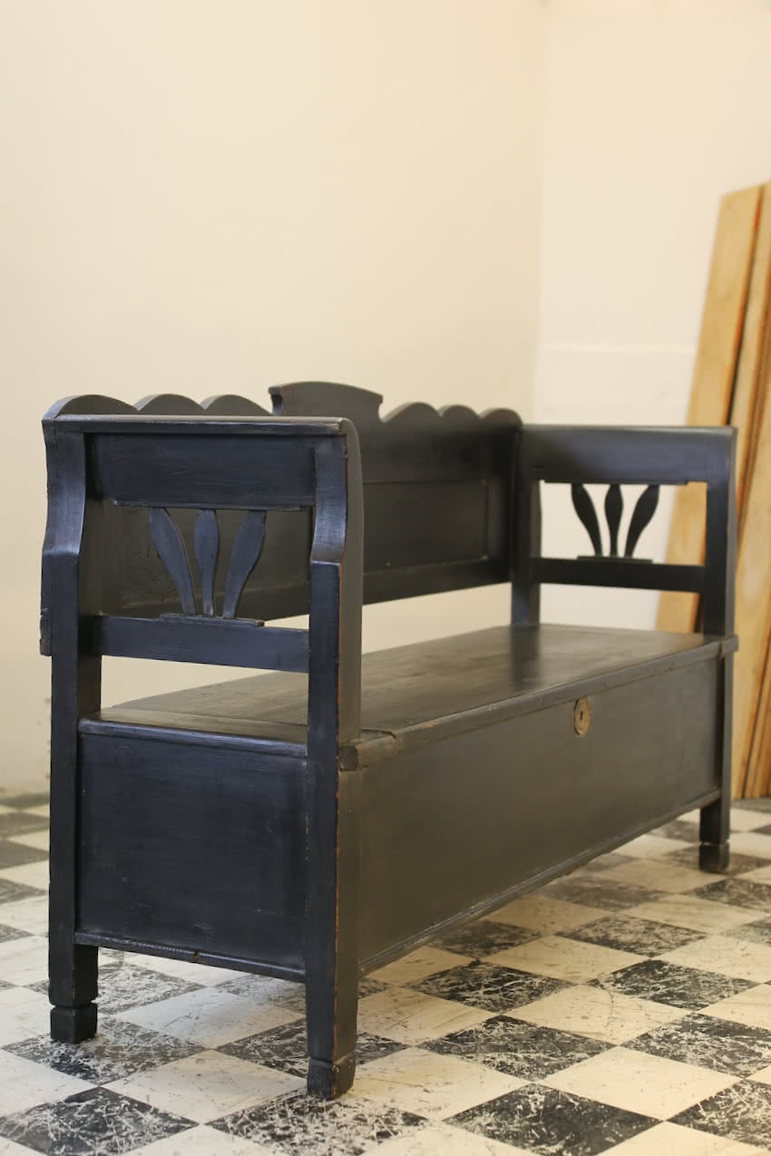 beautiful hungarian pine bench with large storage area underneath the seat, scrolled arms and lovely large key plate.