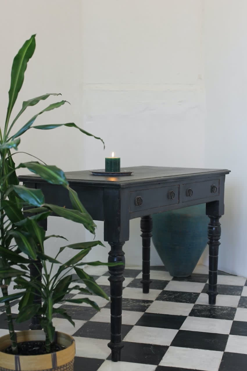 english two drawer ebonised pine lamp side table with original handles and pretty turned legs, interior drawers painted inside.