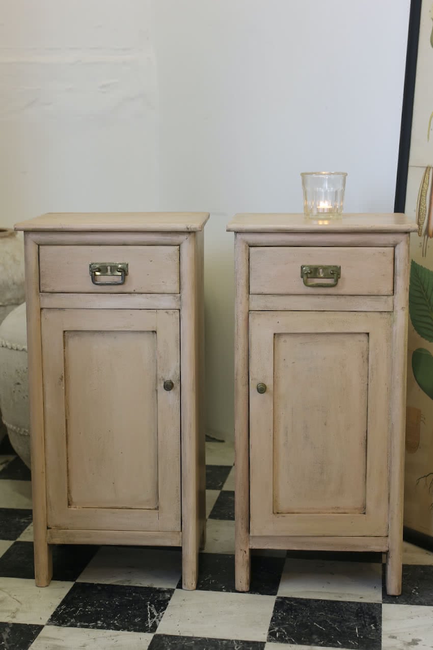 lovely painted restored bedside cupboards with simple shape, brass handles and knobs, drawer & small shelf inside