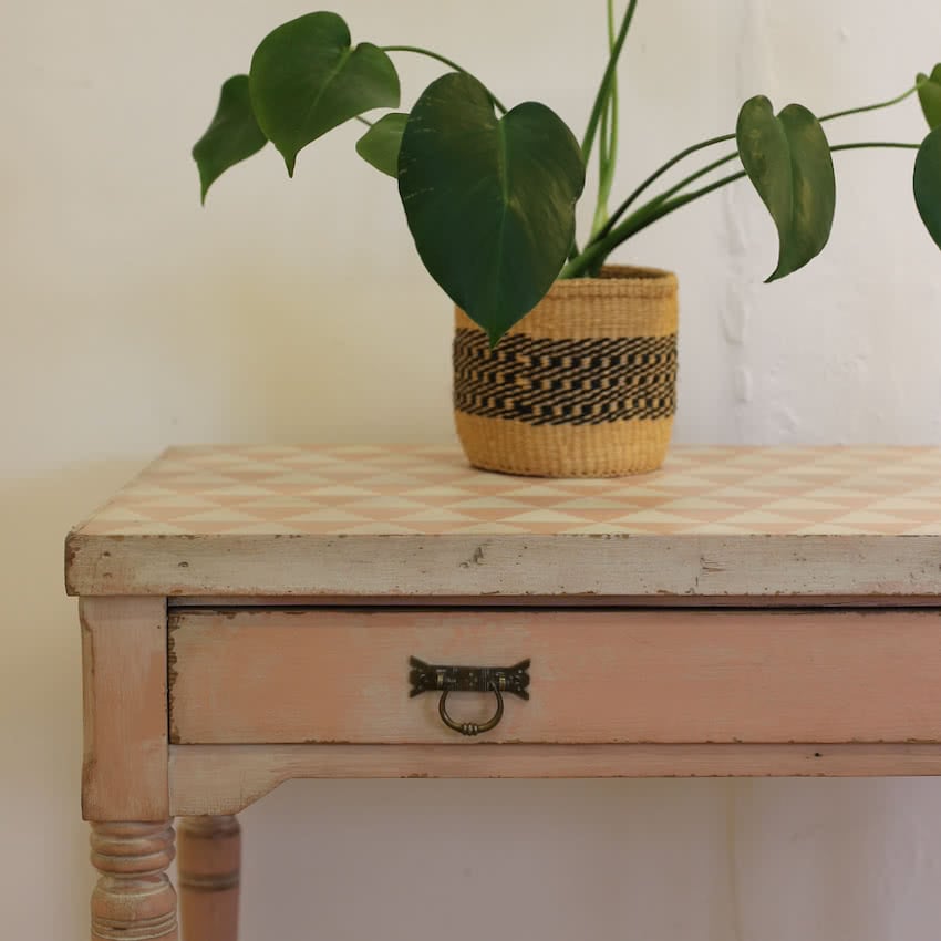 pretty pink and white geometric one drawer pine table