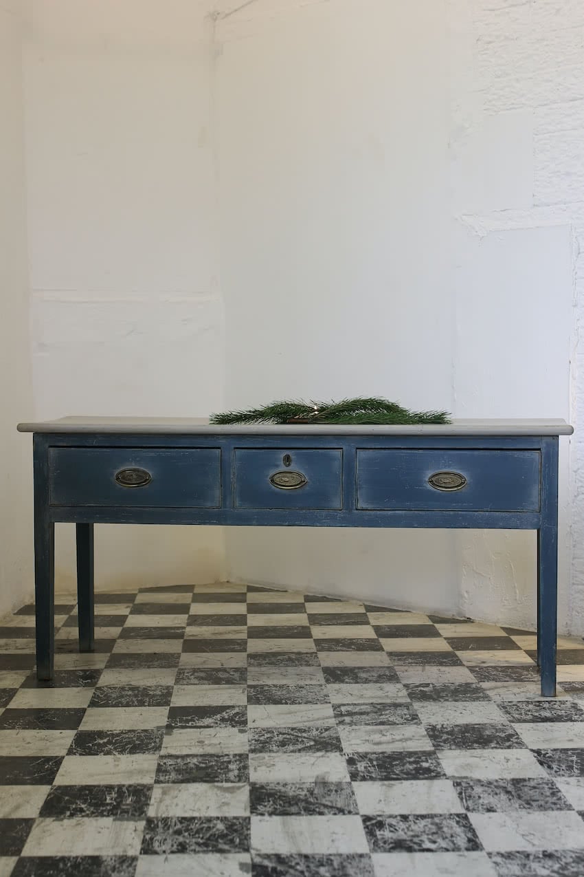 beautiful old english antique painted blue and taupe three drawer dresser-console with brass handles & key plate.