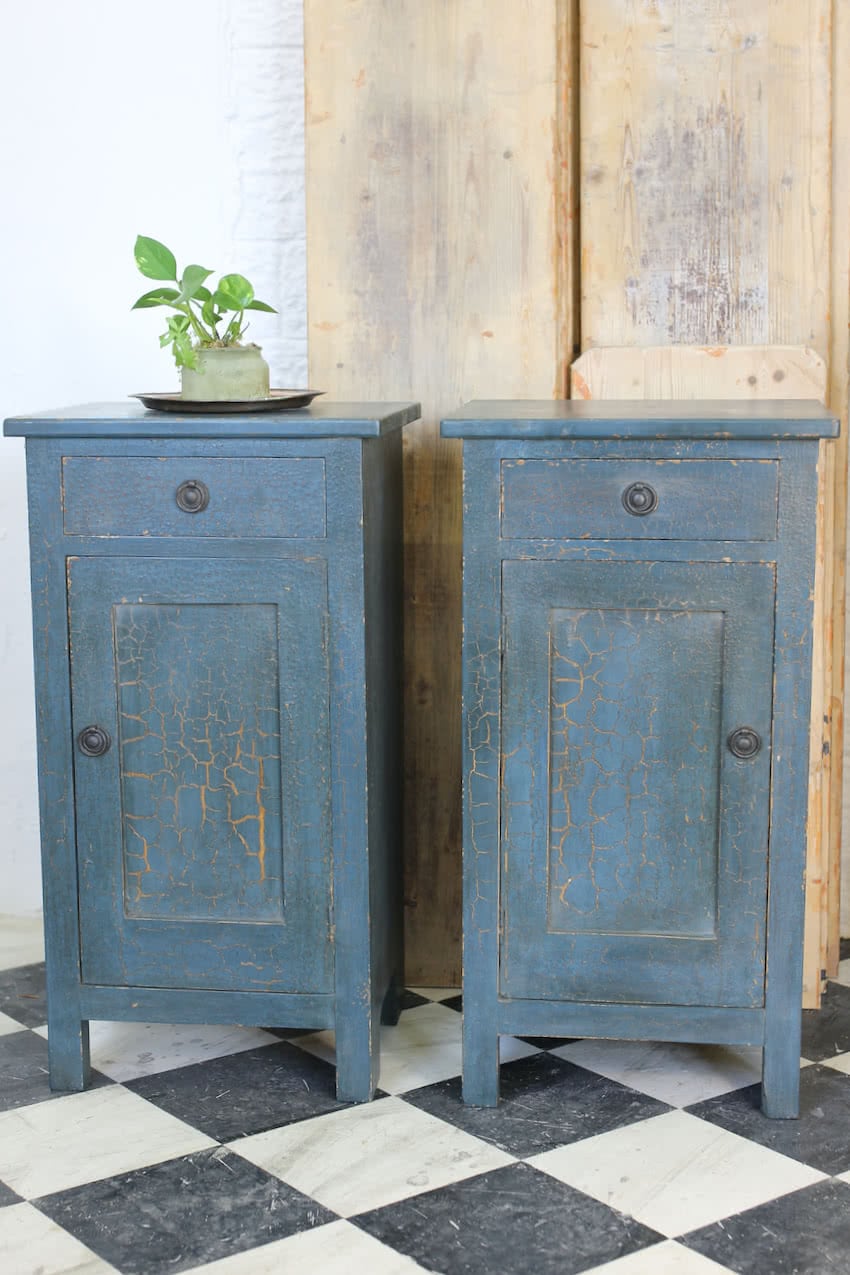 antique bedside cabinets blue azure restored and painted over existing old paint, with a shelf inside 
