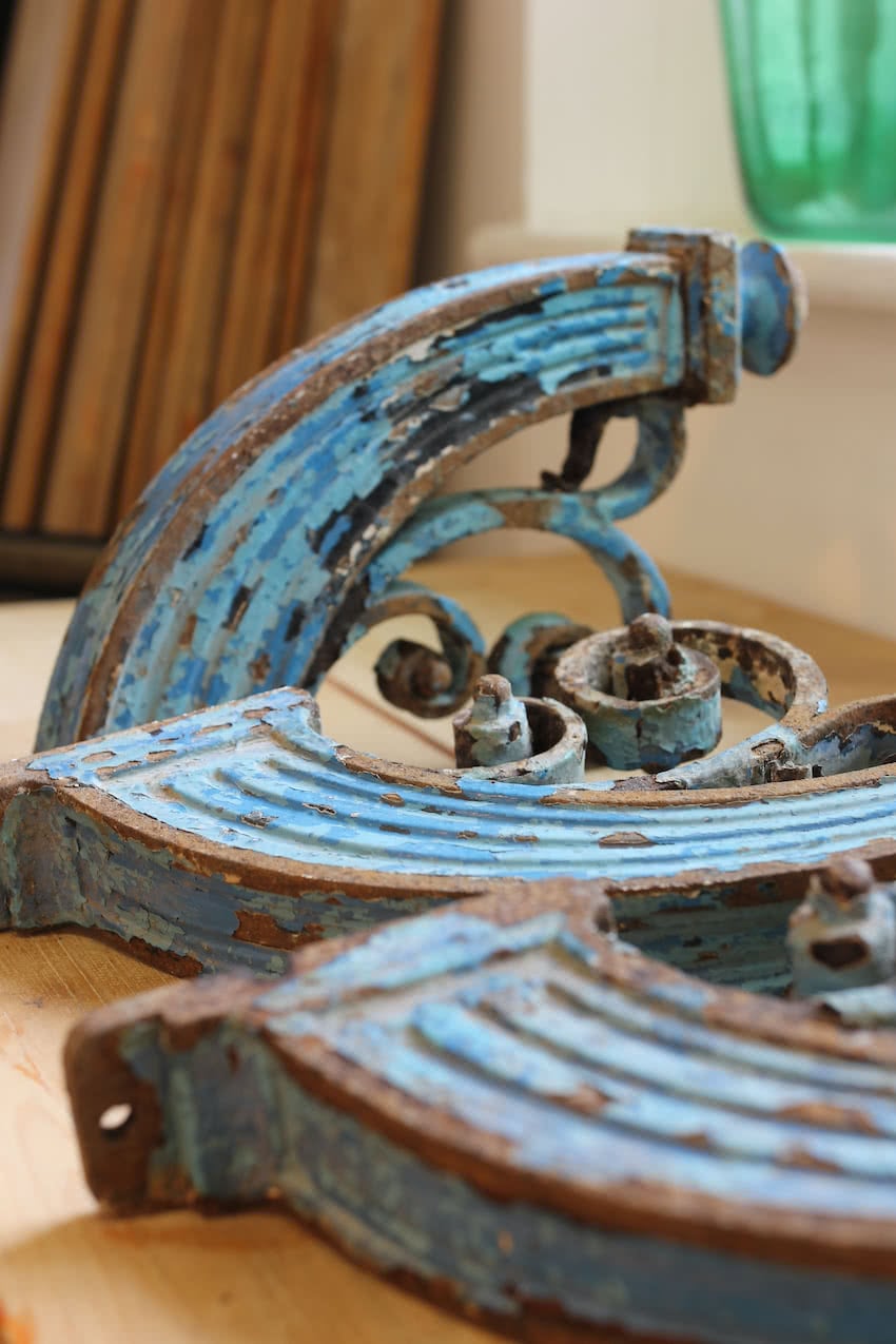 beautiful five old iron work gas light corbels -brackets with original blue paint