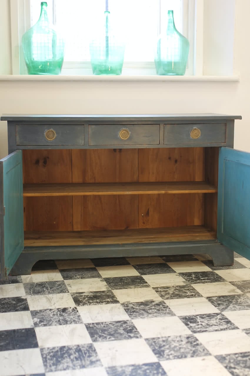 beautiful three drawer restored & painted pine dresser base with shelving with partly painted teal blue interior, the drawers have lovely old brass round handles.