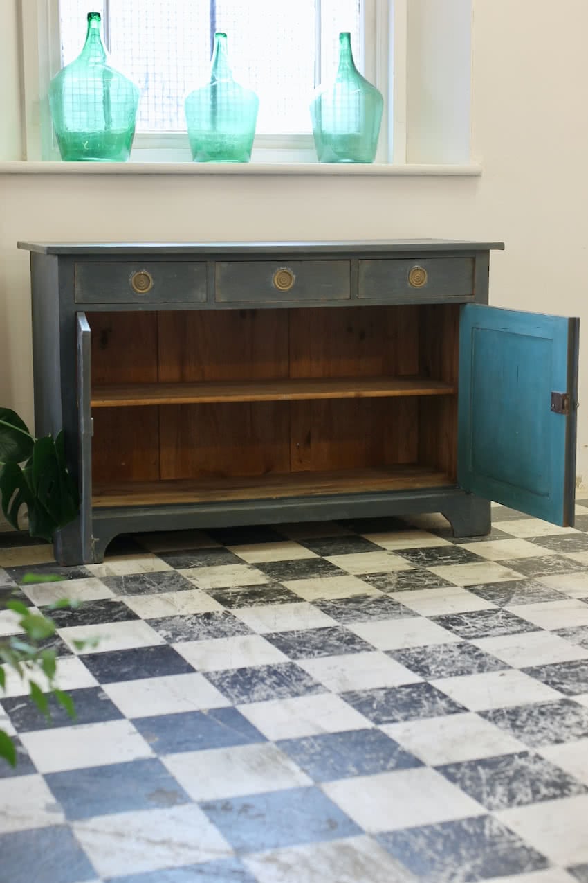 beautiful three drawer restored & painted pine dresser base with shelving with partly painted teal blue interior, the drawers have lovely old brass round handles.
