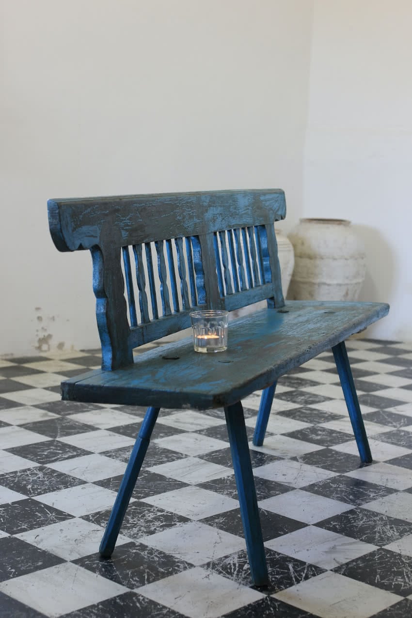 very pretty original painted hungrian bench with naive carved tapered legs and prettily shaped back.