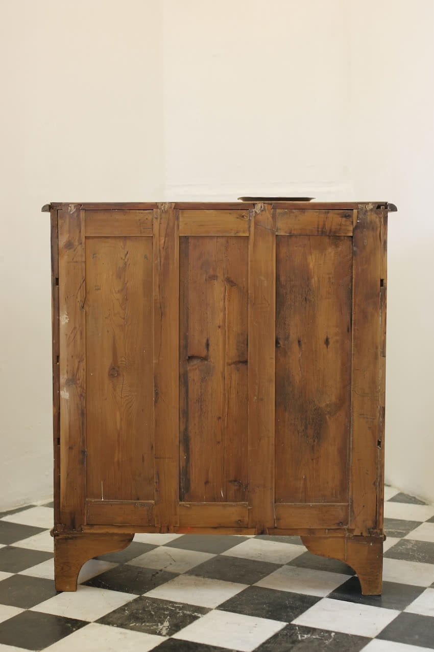 very early possibly georgian rustic looking country pine chest, restored with eight contrasting wooden knobs & beautiful shaped feet.