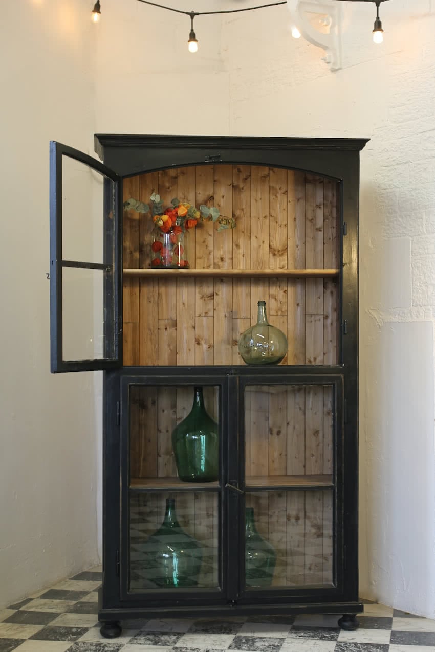 fabulous tall black pine cupboard with four glazed doors made from old factory windows with working locking mechanisms & old glass.
