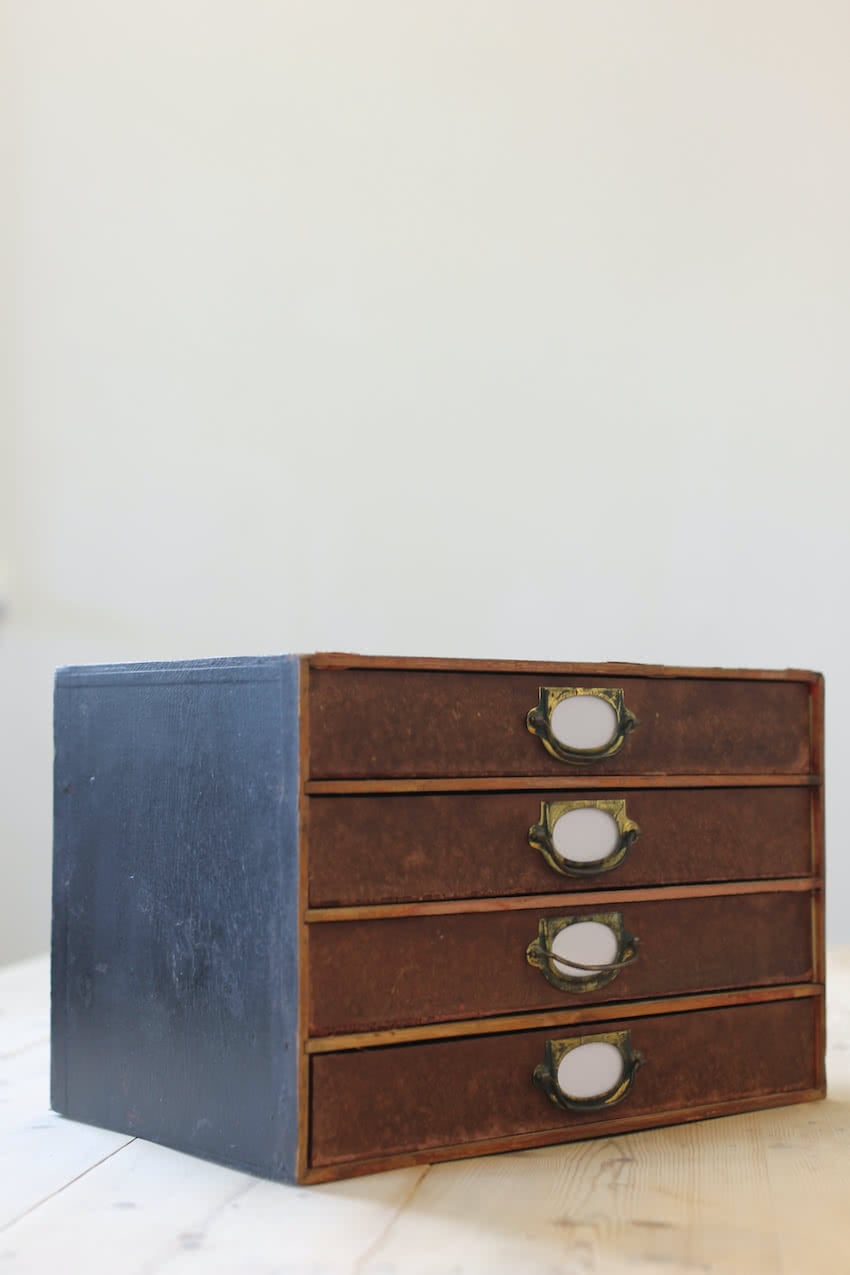  vintage desk top filing drawers, wooden frame with filing drawers, brass name plates & painted exterior.