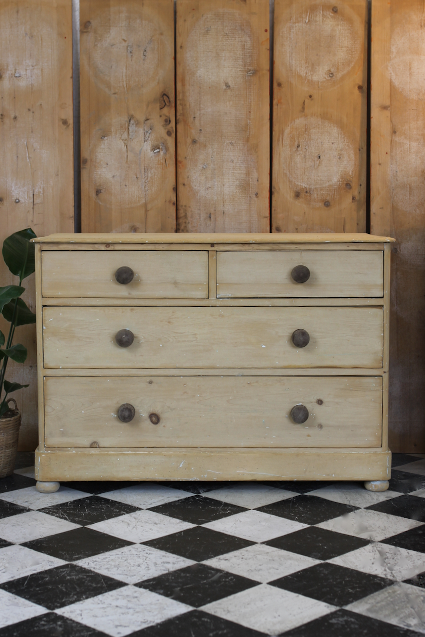 gorgeous early fine pine handscraped restored english chest with contrasting knobs original bun feet, with a natural finish.