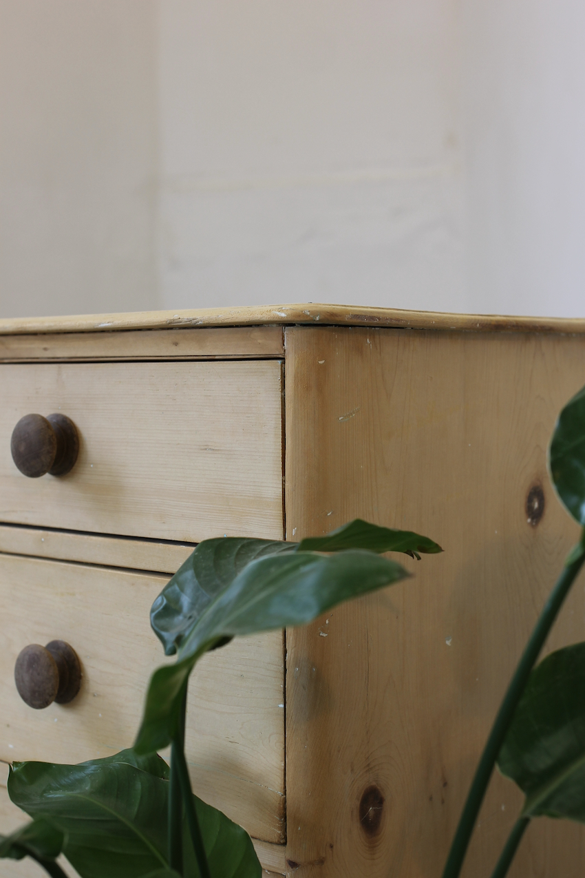 gorgeous early fine pine handscraped restored english chest with contrasting knobs original bun feet, with a natural finish.