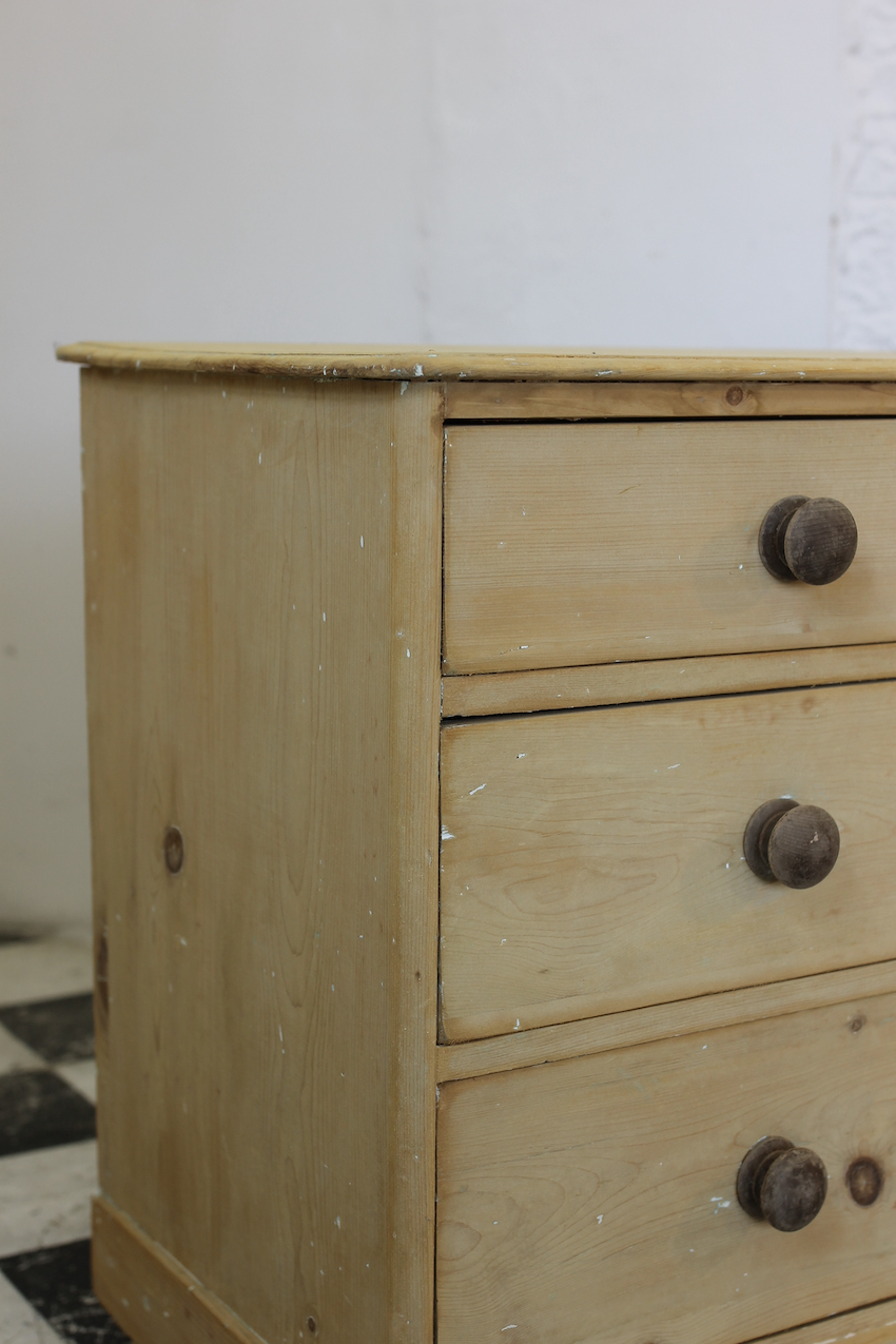 gorgeous early fine pine handscraped restored english chest with contrasting knobs original bun feet, with a natural finish.