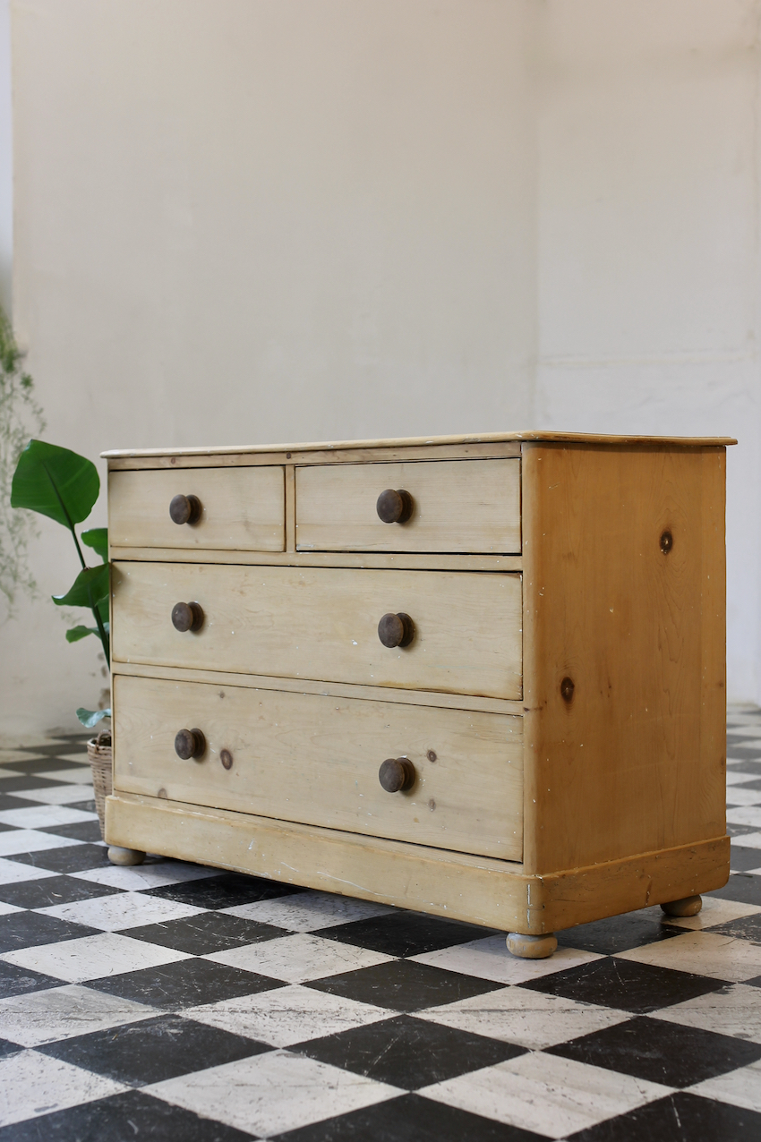gorgeous early fine pine handscraped restored english chest with contrasting knobs original bun feet, with a natural finish.
