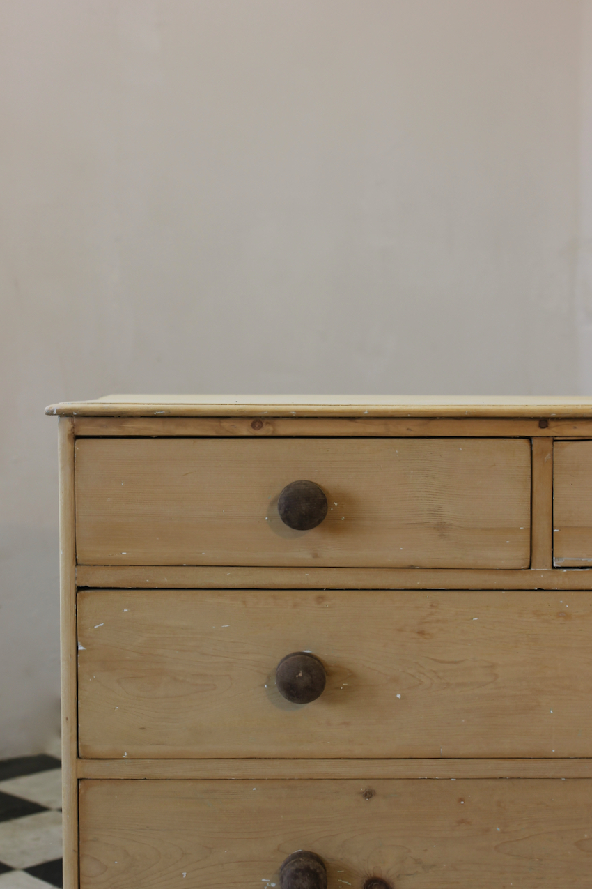 gorgeous early fine pine handscraped restored english chest with contrasting knobs original bun feet, with a natural finish.