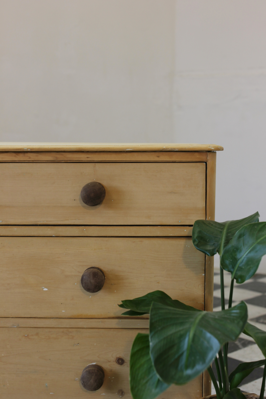 gorgeous early fine pine handscraped restored english chest with contrasting knobs original bun feet, with a natural finish.