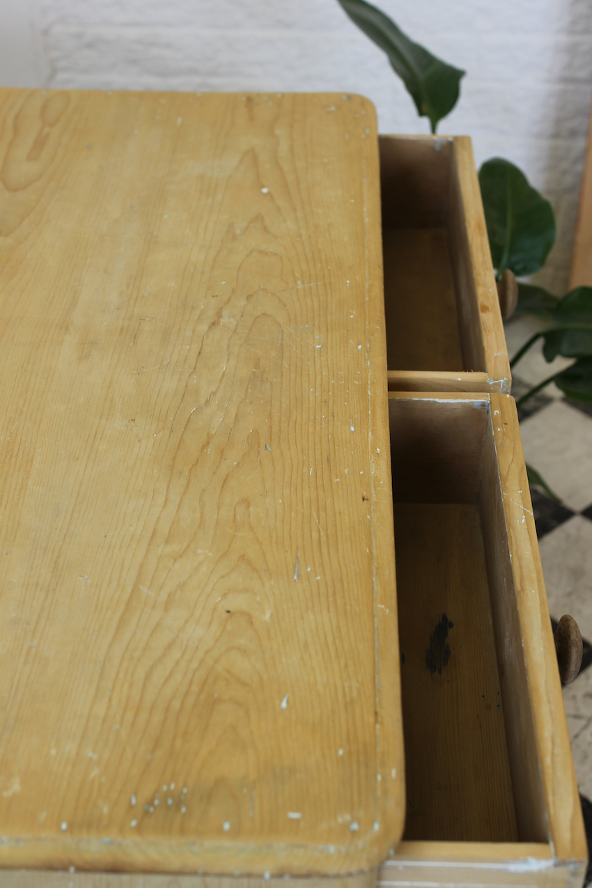 gorgeous early fine pine handscraped restored english chest with contrasting knobs original bun feet, with a natural finish.