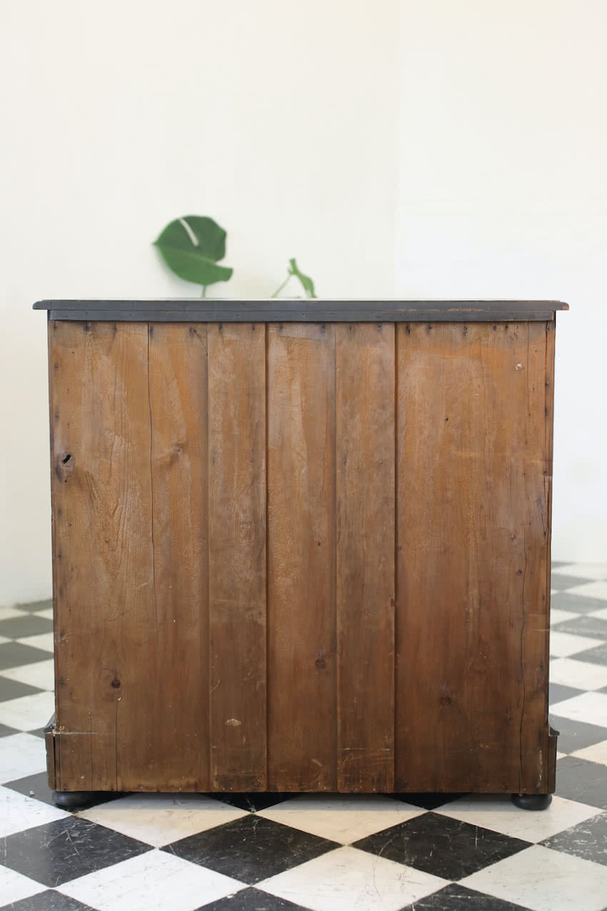 gorgeous restored pine chest with large deep drawers & painted with distressed look, black wooden knobs & flat round feet.  gorgeous restored pine chest with large deep drawers & painted with distressed look, black wooden knobs & flat round feet.  