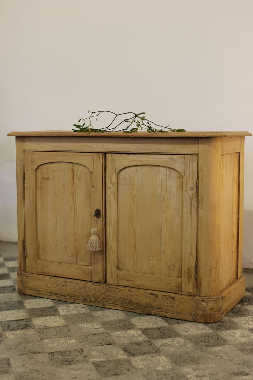 gorgeous rustic looking sympathetically restored two door fine pine cupboard with long shelf inside, lovely rounded shaping on sides and deep plinth.