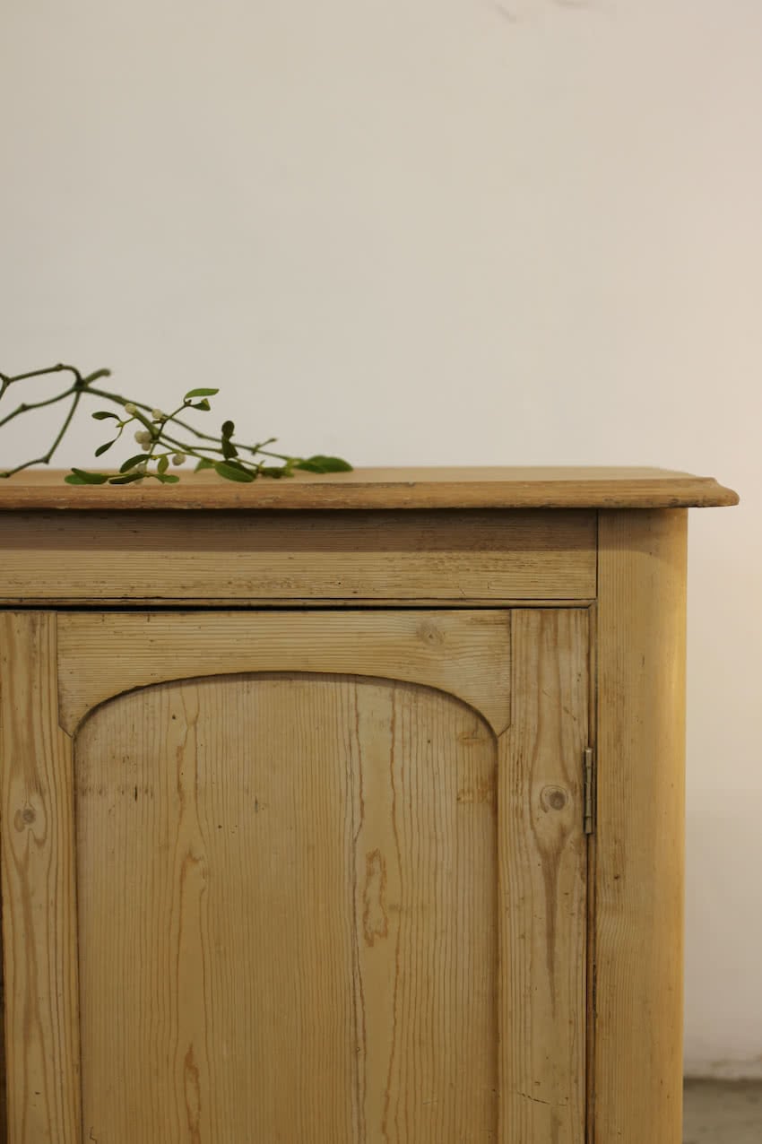 gorgeous rustic looking sympathetically restored two door fine pine cupboard with long shelf inside, lovely rounded shaping on sides and deep plinth.