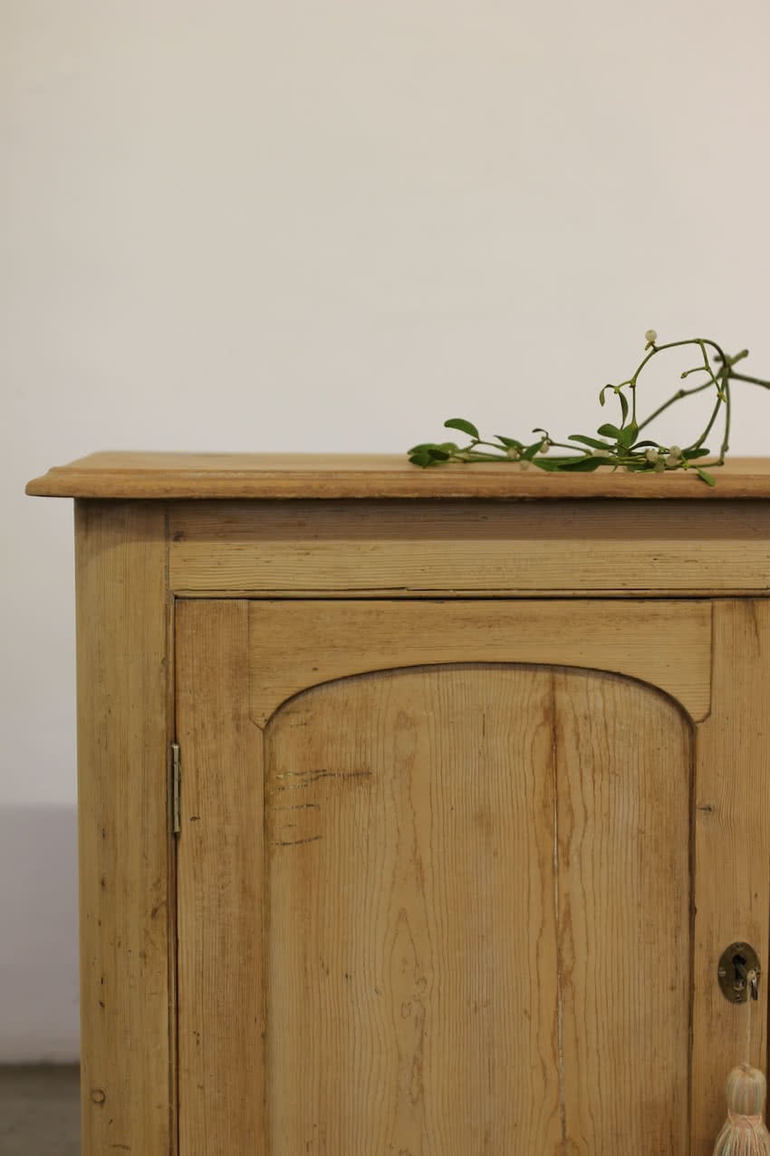 gorgeous rustic looking sympathetically restored two door fine pine cupboard with long shelf inside, lovely rounded shaping on sides and deep plinth.