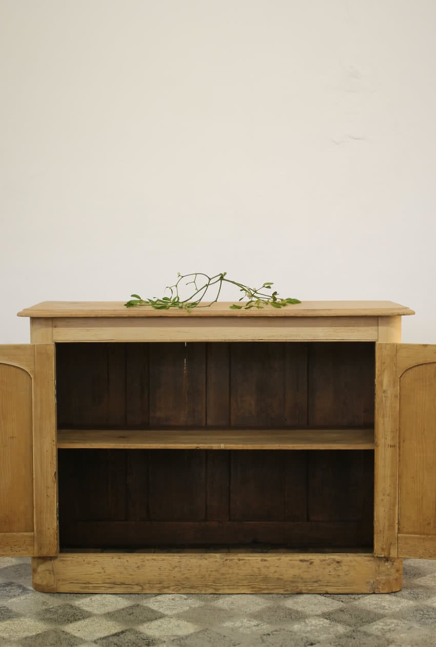 gorgeous rustic looking sympathetically restored two door fine pine cupboard with long shelf inside, lovely rounded shaping on sides and deep plinth.