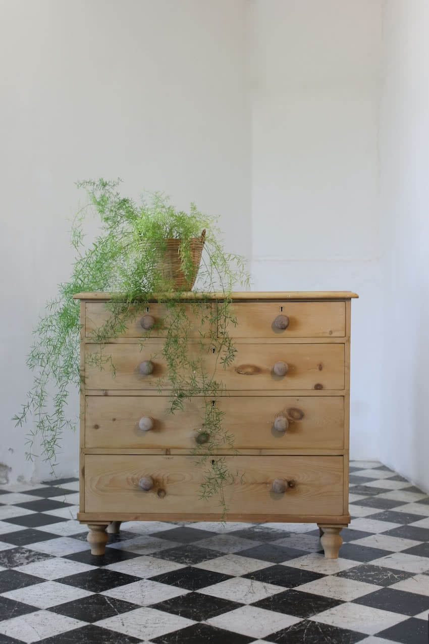 restored fine pine blonde victorian large chest of drawers with original wooden knobs and new turned tulip shaped feet.