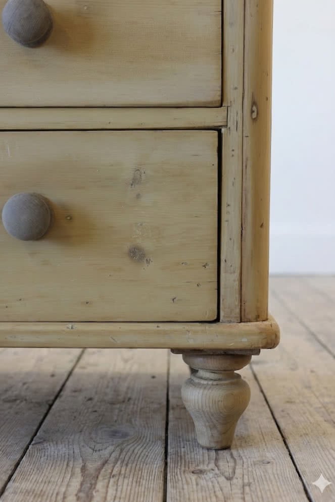 beautiful antique pine chest with five graduating drawers, wooden knobs and original feet, lovely shaped detailing too & fully restored.