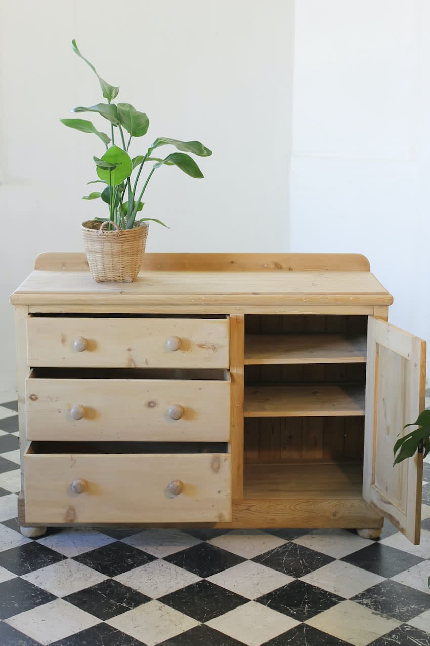 large victorian fine pine restored all original base with three drawers with wooden knobs, a cupboard, low turned feet with a fairly deep plinth & beautiful old backboards.