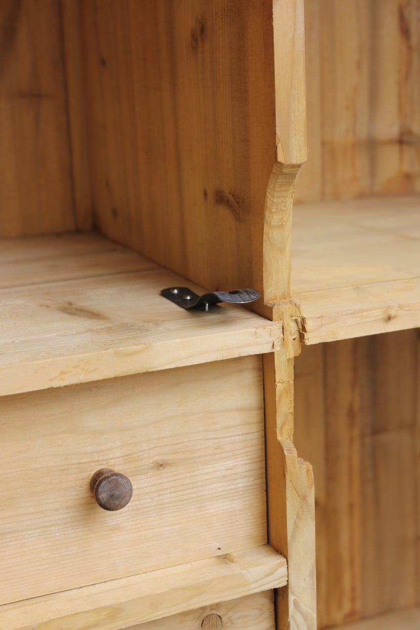 gorgeous very clean english pine cupboard two door base with one long original shelf inside and two brass round knobs.