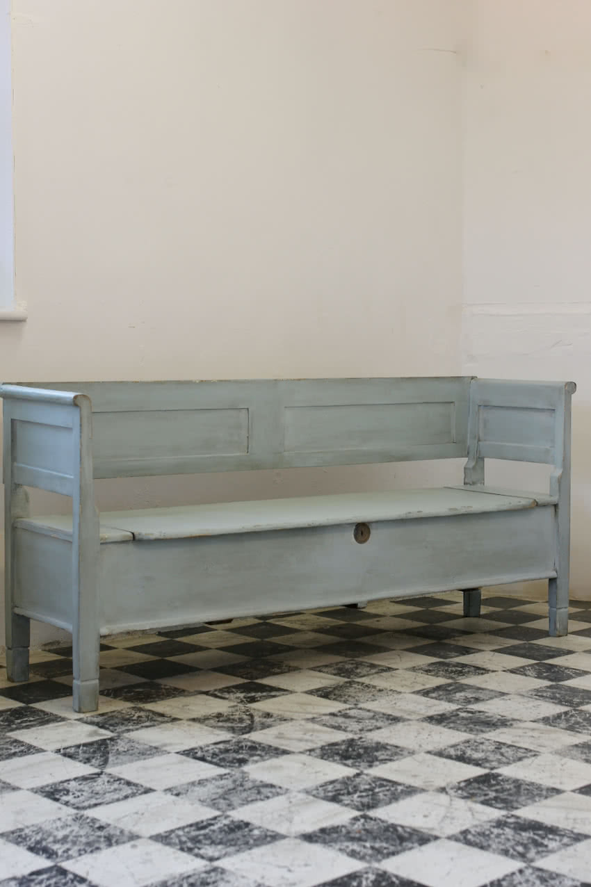 large european restored painted swedish blue antique bench with storage underneath the seat & pretty large brass key plate.