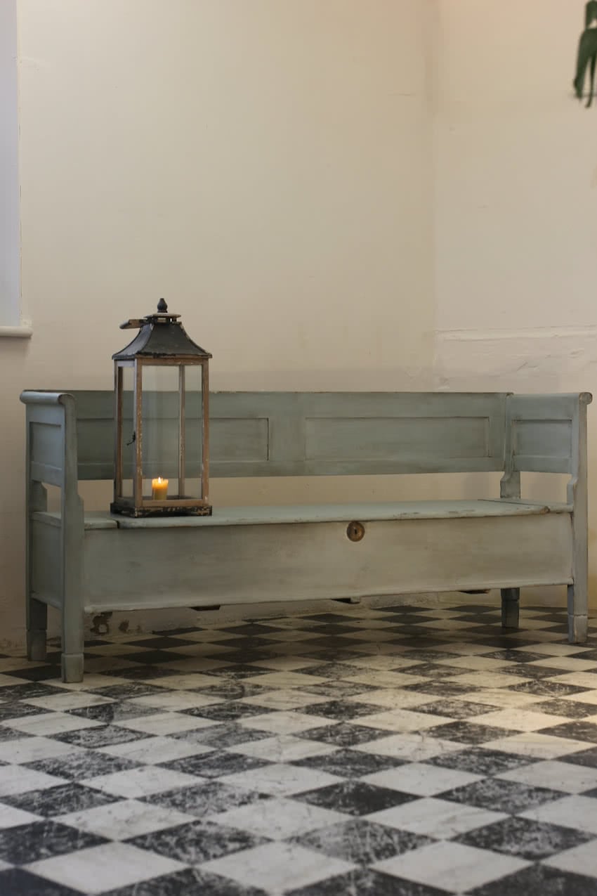 large european restored painted swedish blue antique bench with storage underneath the seat & pretty large brass key plate.
