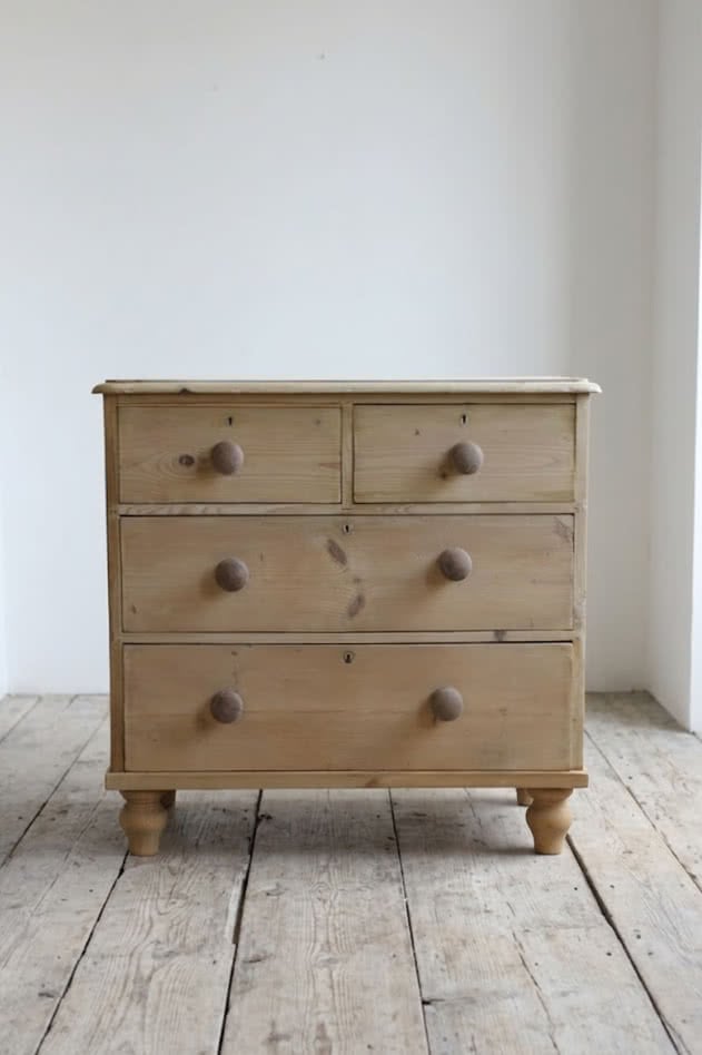 classic restored victorian pine four drawer chest with wooden knobs and new turned feet